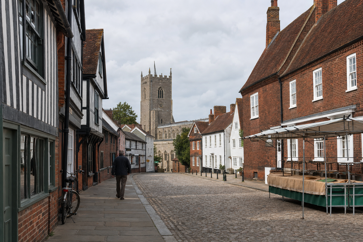 A cobblestone street lined with historic buildings and a church tower in the background, with a person walking alone.