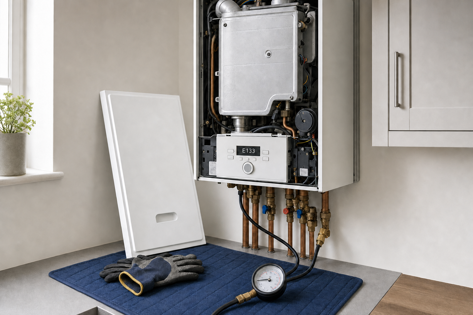 Open gas boiler being serviced with digital display showing error code E133, surrounded by pipes and a pressure gauge.