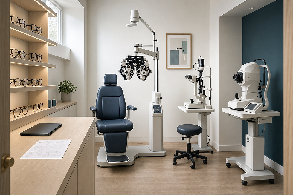 Modern optometrist's examination room with a chair, diagnostic equipment, and glasses display.