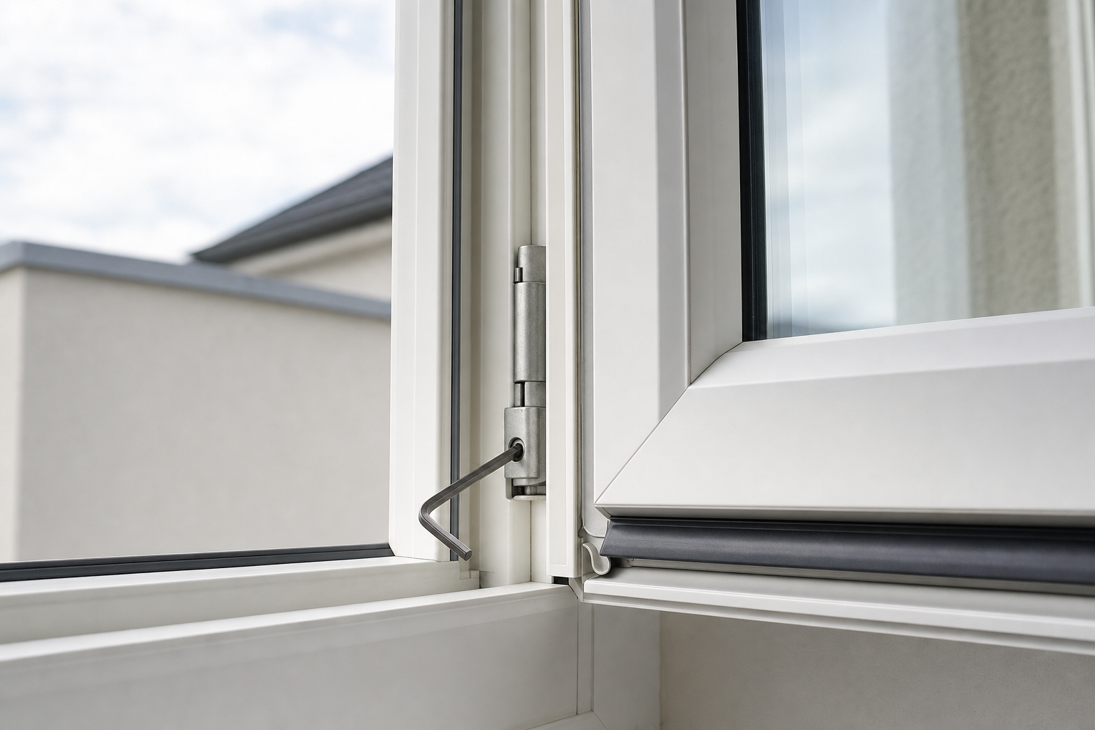 An open window with a visible hinge and a hex key.