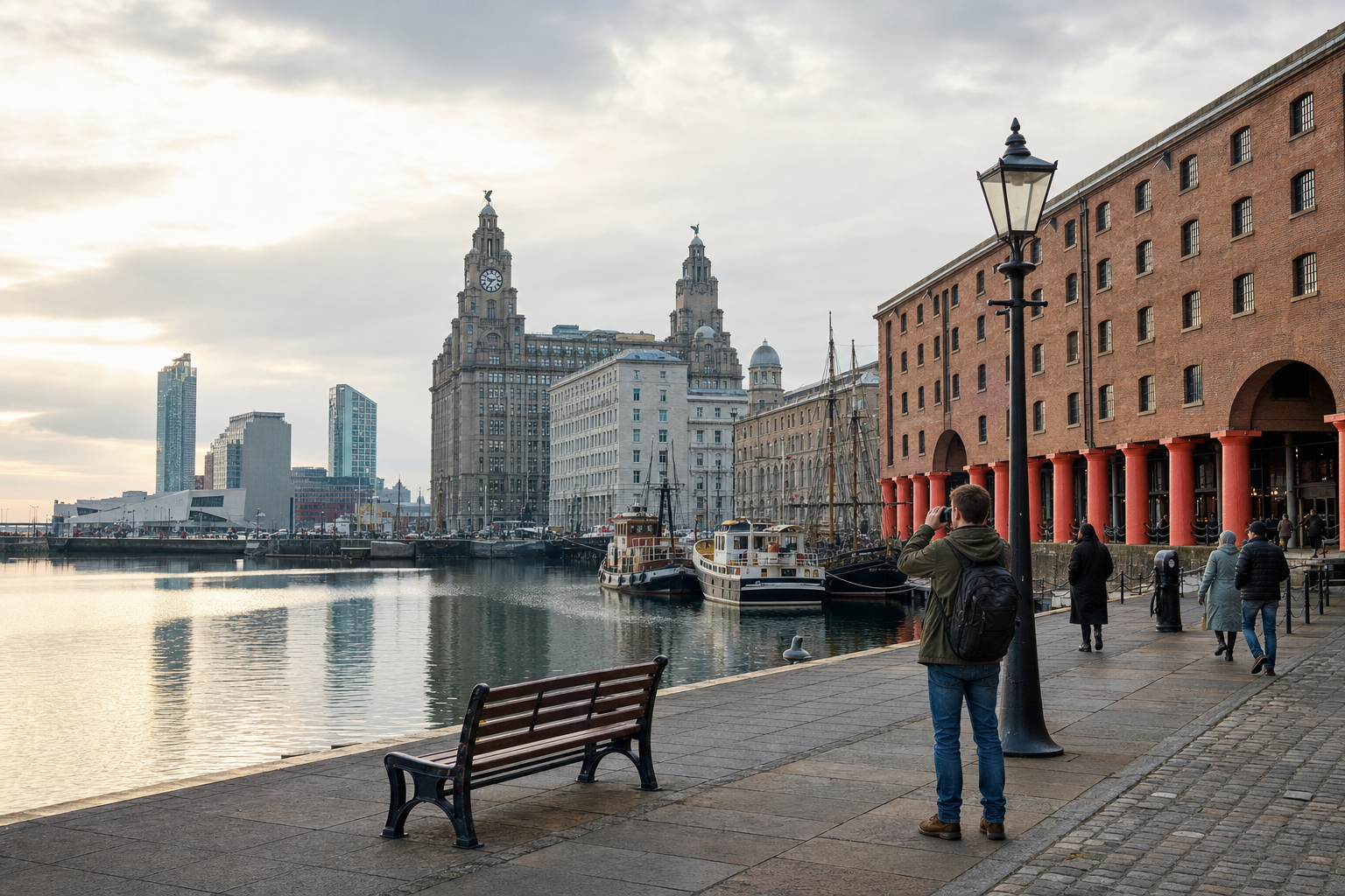 A person takes a photo of the waterfront at Liverpool's Albert Dock with the iconic Liver Building in the background.