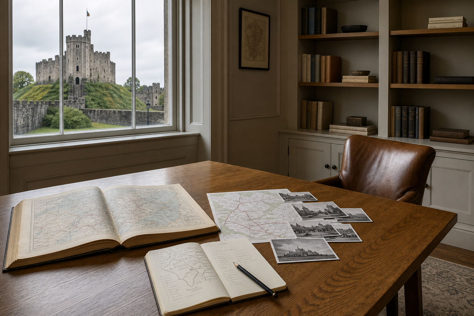 A historic castle viewed from a study with maps and photographs on a wooden table.