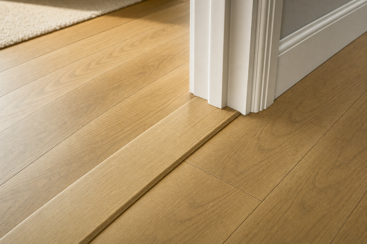 Oak wood flooring transition between carpeted and non-carpeted rooms near a white doorframe.