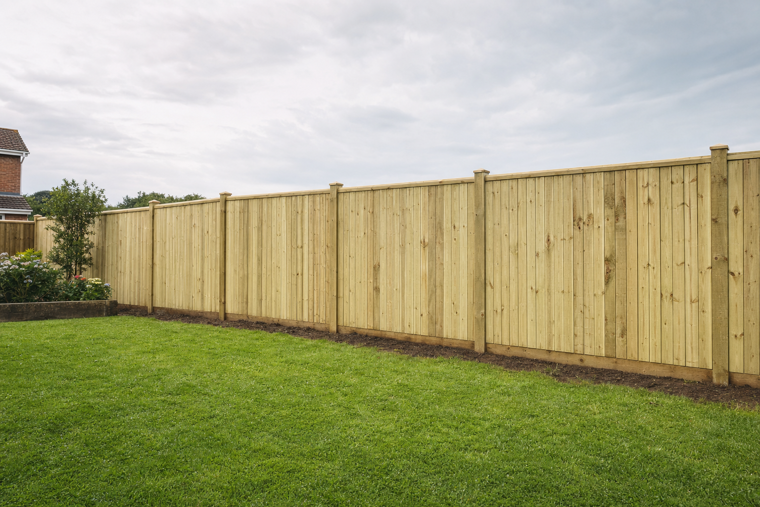 A neatly trimmed lawn bordered by a tall, wooden privacy fence under a cloudy sky.