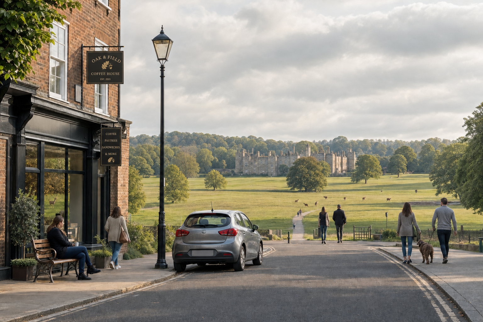 People strolling near a coffee shop with a historic estate and green parkland in the background.