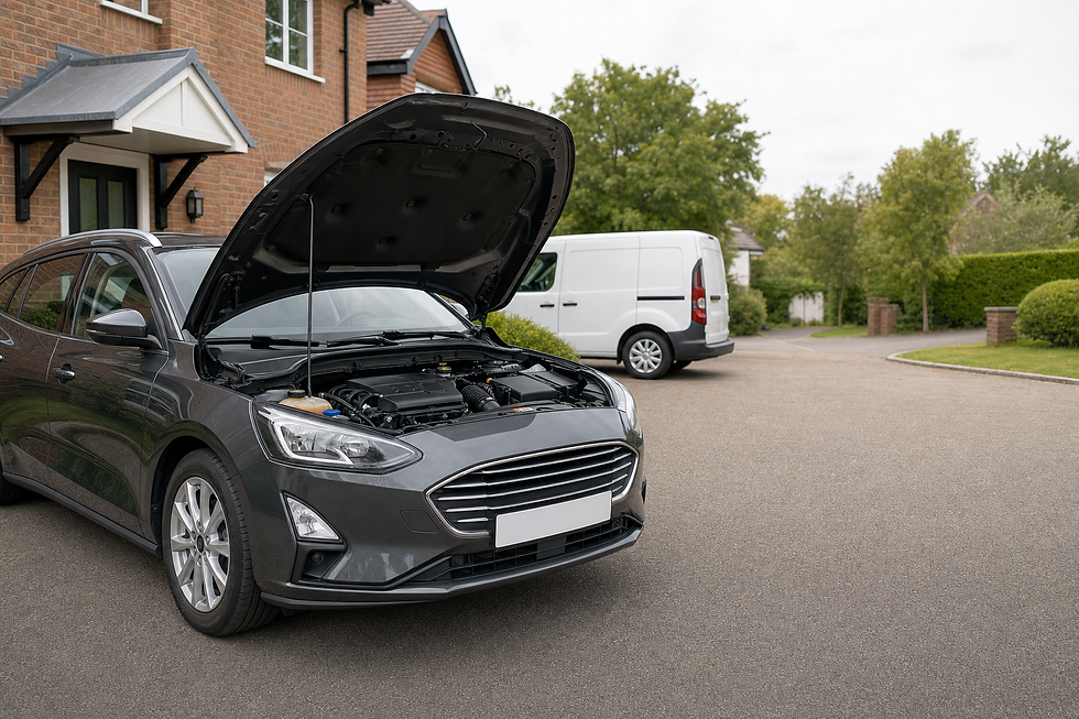 Car with bonnet open on a residential driveway, with a white van parked nearby.
