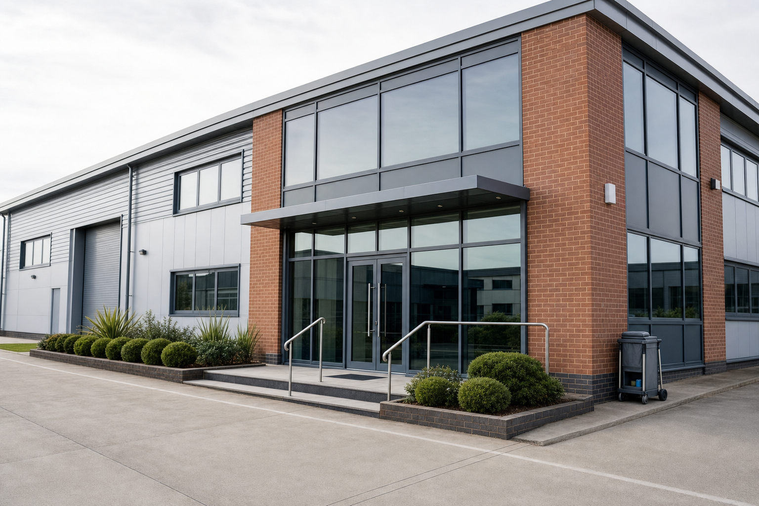 Modern industrial building with brick facade, large glass windows, and landscaped bushes at the entrance.