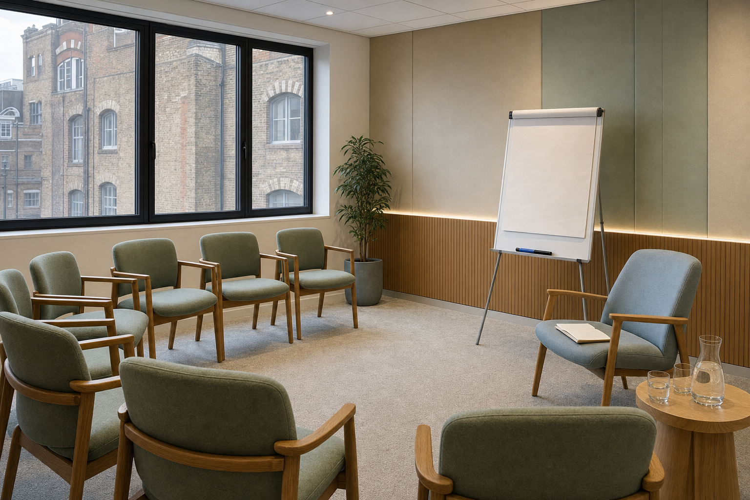 Modern meeting room with green chairs arranged in a circle, a flipchart, and large windows overlooking brick buildings.
