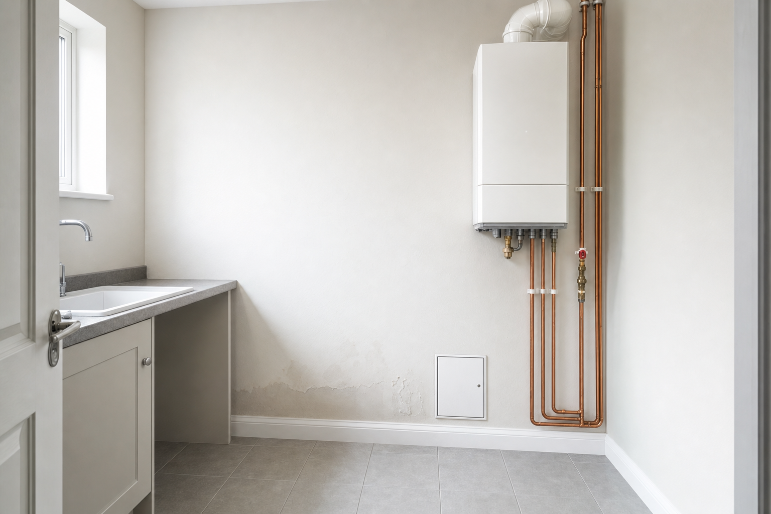 A white boiler with copper pipes is mounted on a wall beside a sink and cabinet in a bright, tiled utility room.