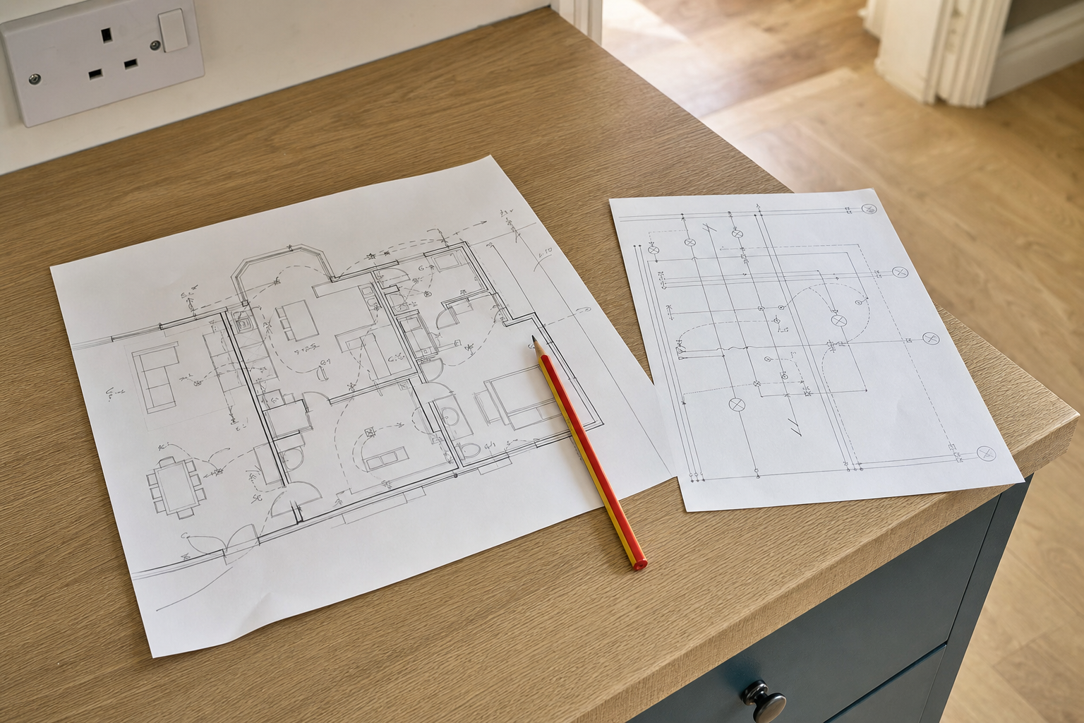 Architectural floor plans with a red and yellow pencil on a wooden desk.