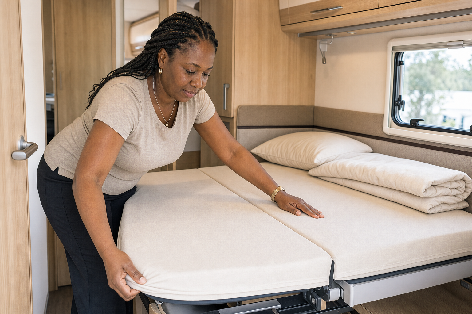 A woman folds down a bed inside a caravan, preparing it for use.