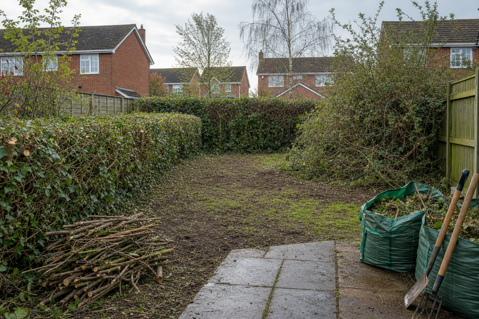 A recently trimmed garden with piles of sticks and green waste bags, flanked by red brick houses in the background.