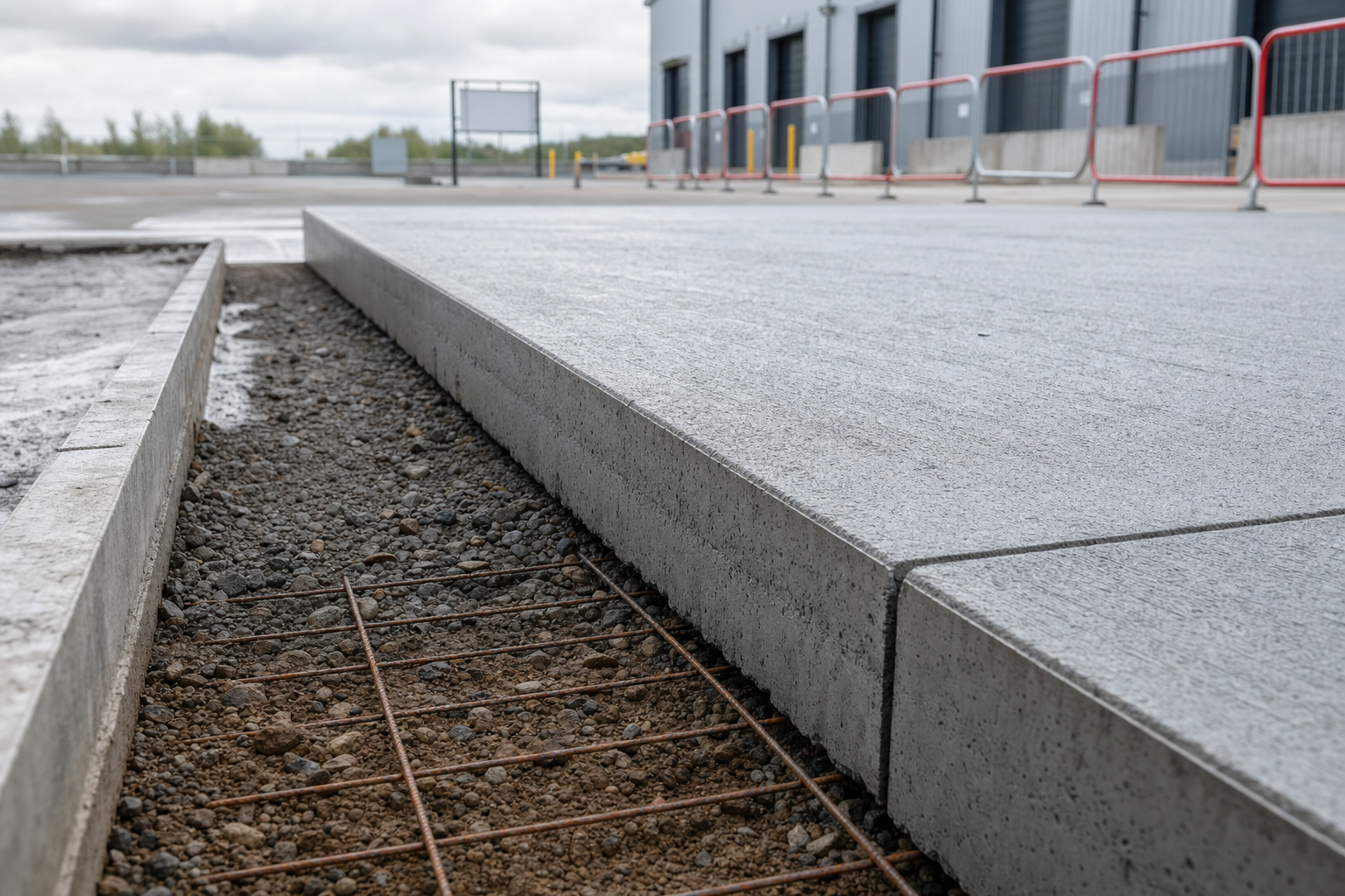 Freshly poured concrete slab with exposed reinforcement mesh beside a warehouse under construction.