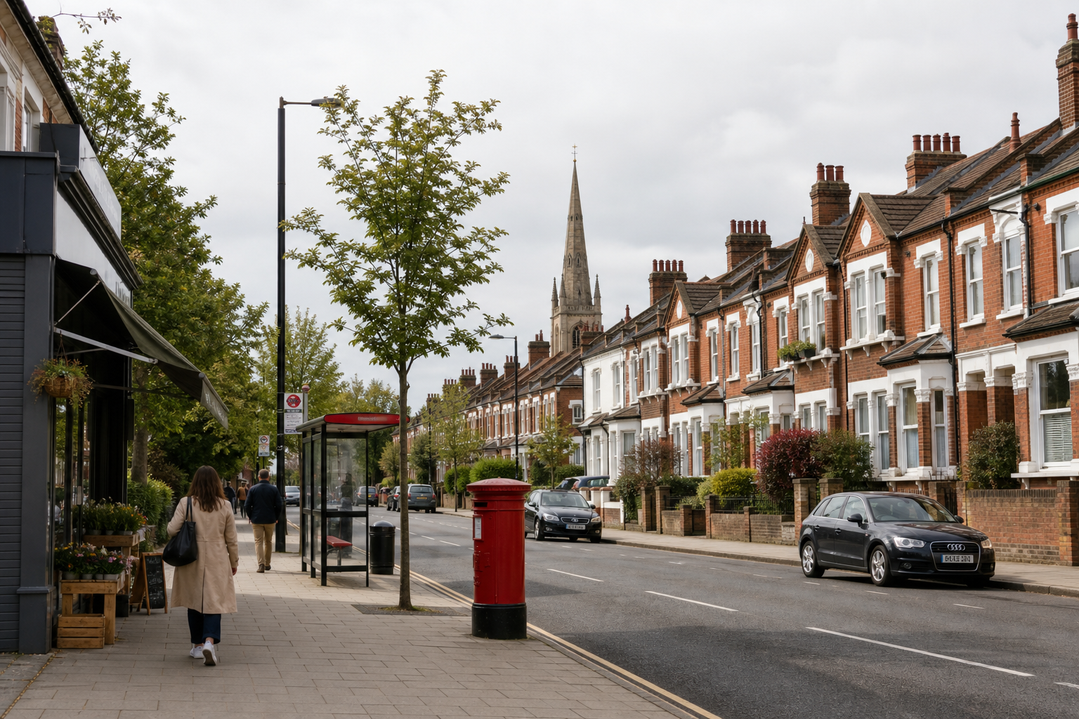 Residential street with terraced houses, a red post box, and a church spire in the background, under a cloudy sky.