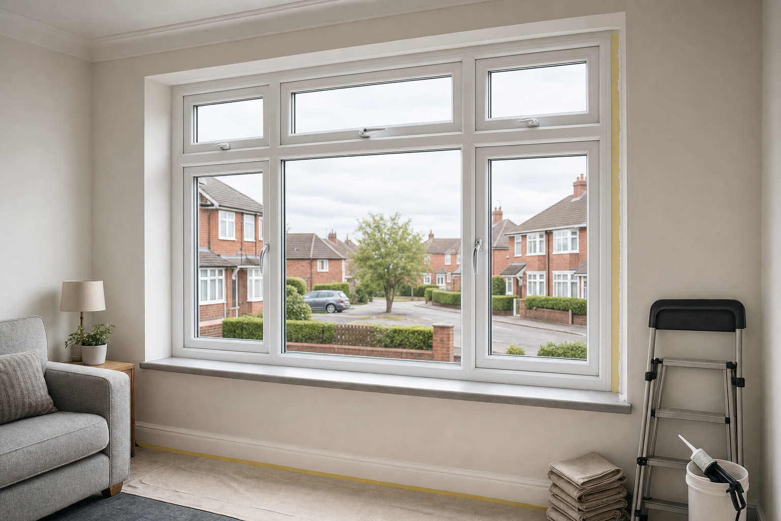 Living room with a large window overlooking a suburban street, featuring a ladder, paint supplies, and a grey sofa.
