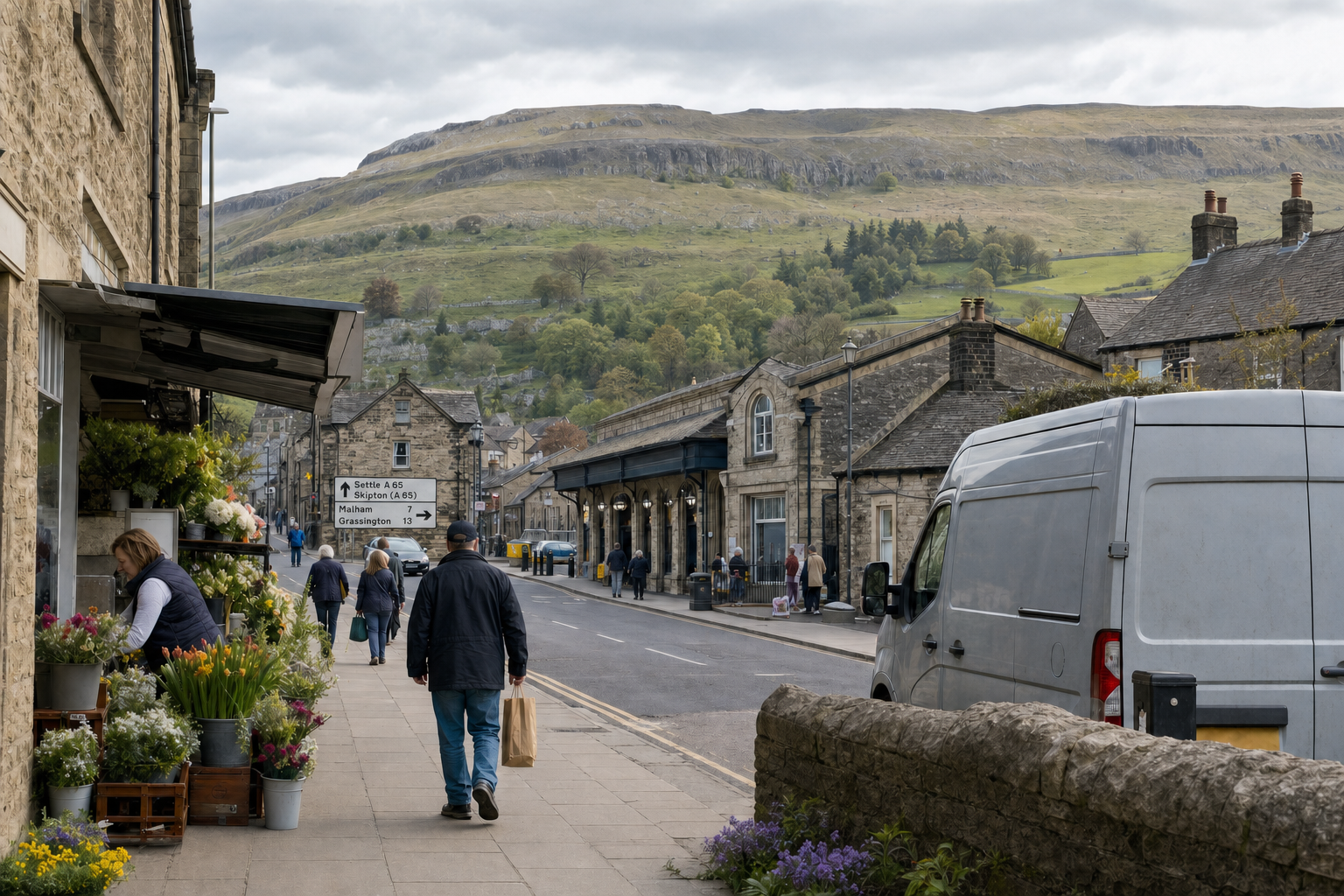 A quaint street scene in a village with people walking, a flower shop, and hills in the background.