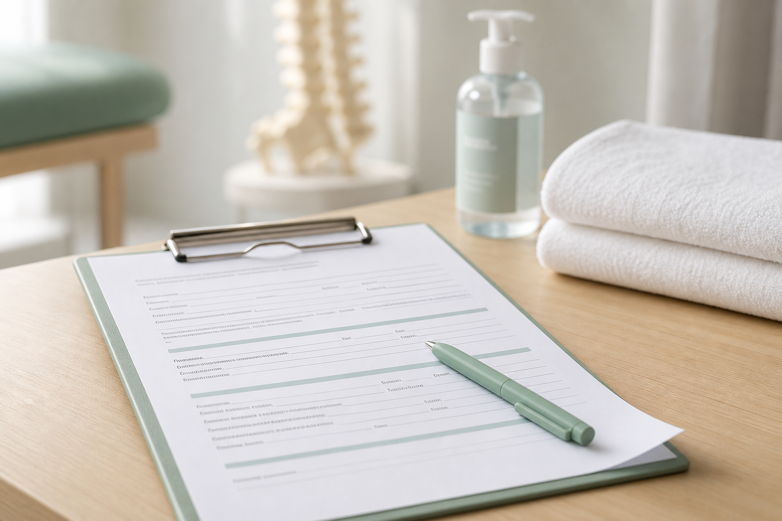 A clipboard with a form and pen beside folded towels and hand sanitiser on a wooden table in a clinic setting.