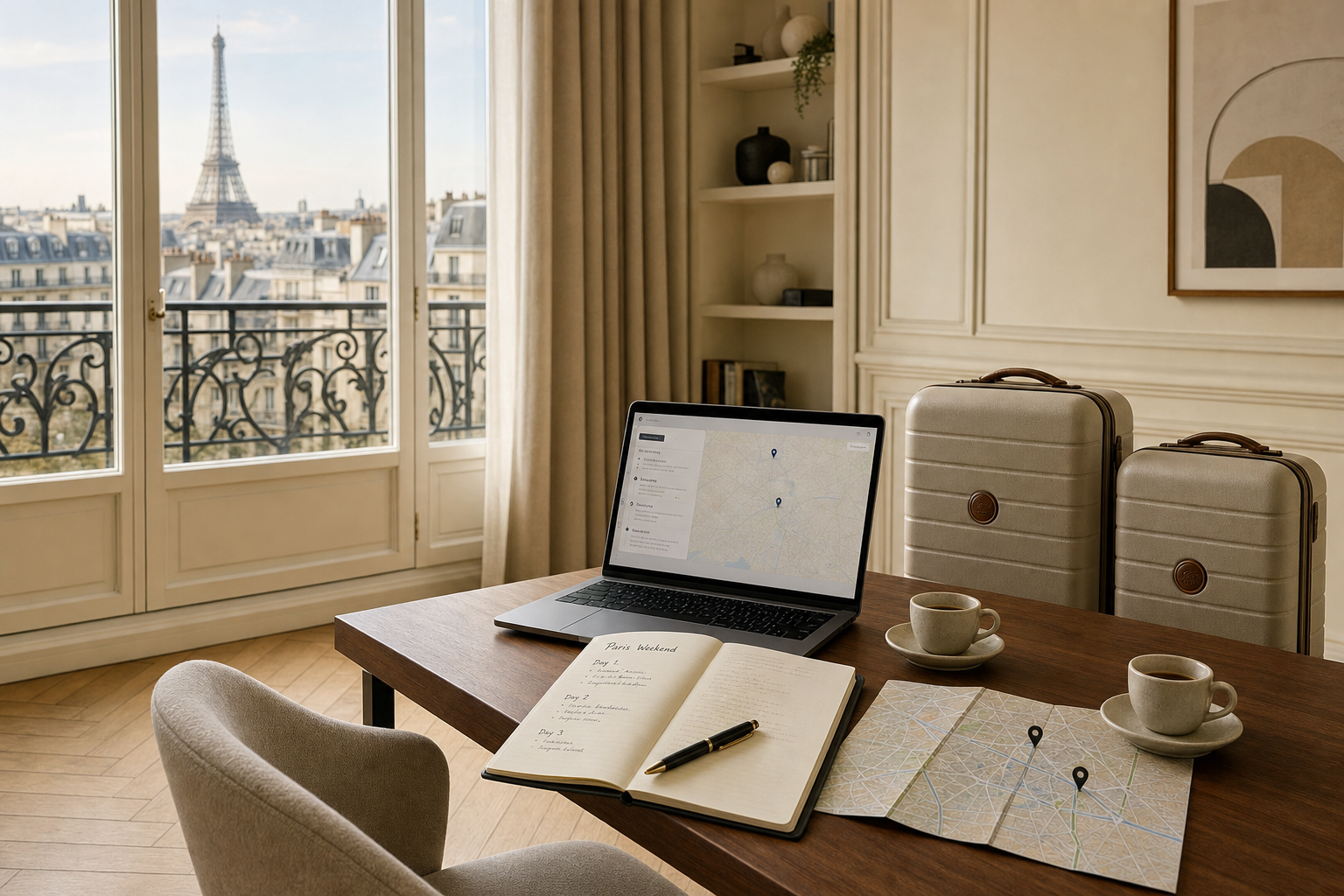 A travel planning setup with maps and a laptop on a desk, overlooking the Eiffel Tower through a large window.