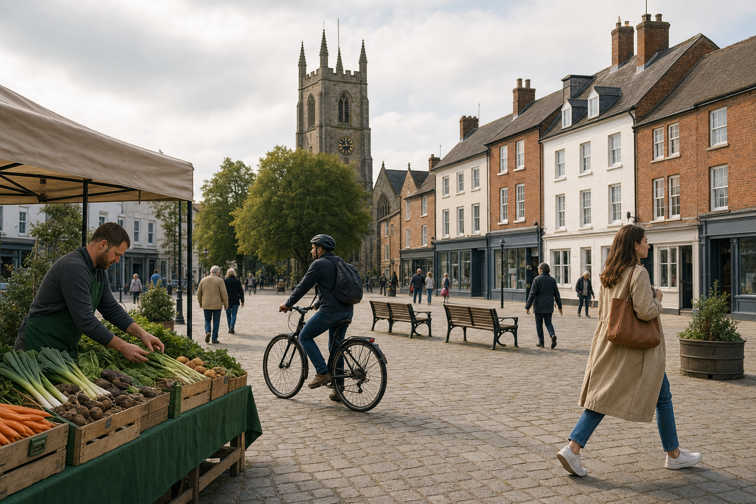A man arranges vegetables at a market stall while a cyclist rides past a row of traditional brick buildings and a church tower.