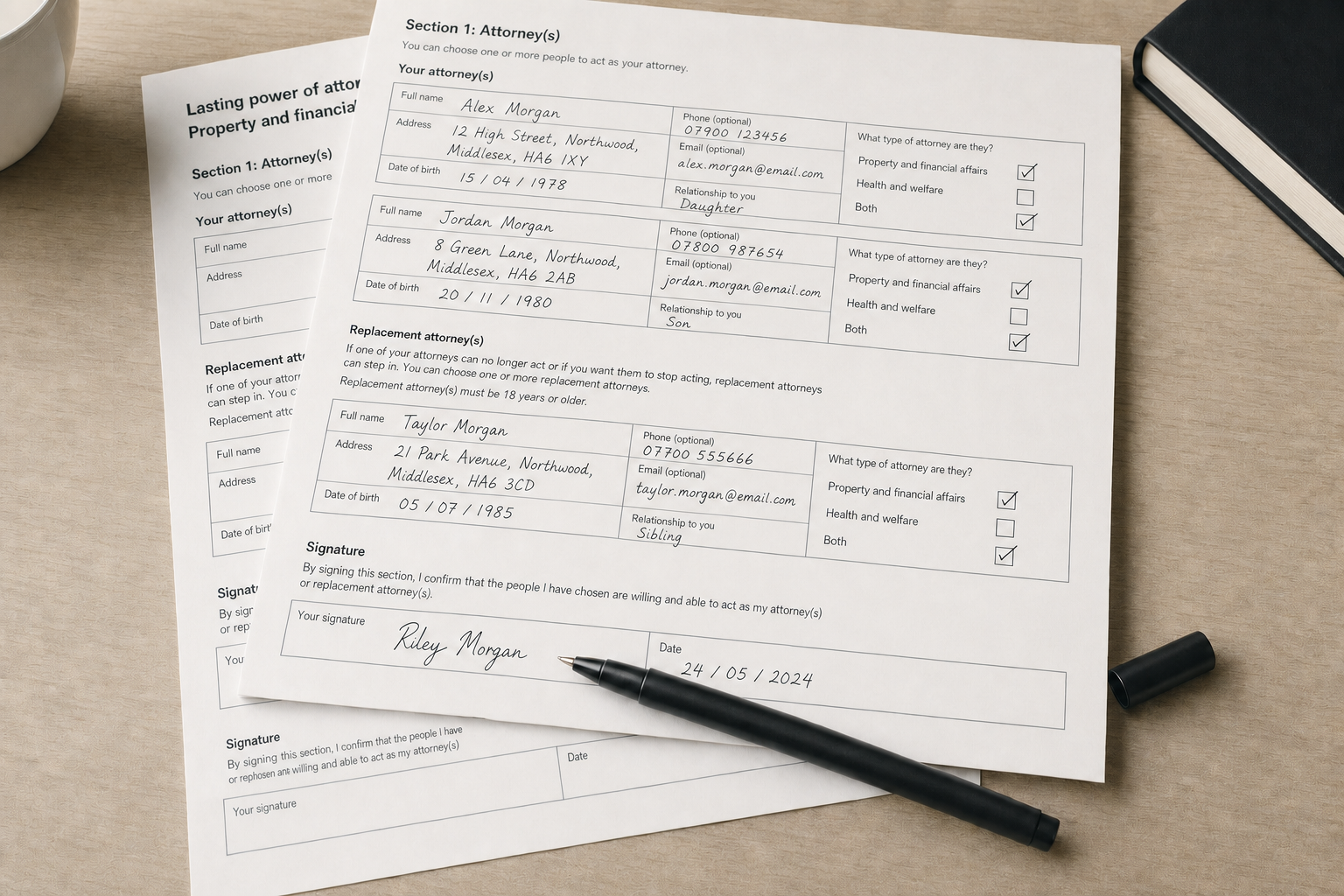 A completed lasting power of attorney form for property and financial affairs, detailing multiple attorneys, lies on a wooden desk.