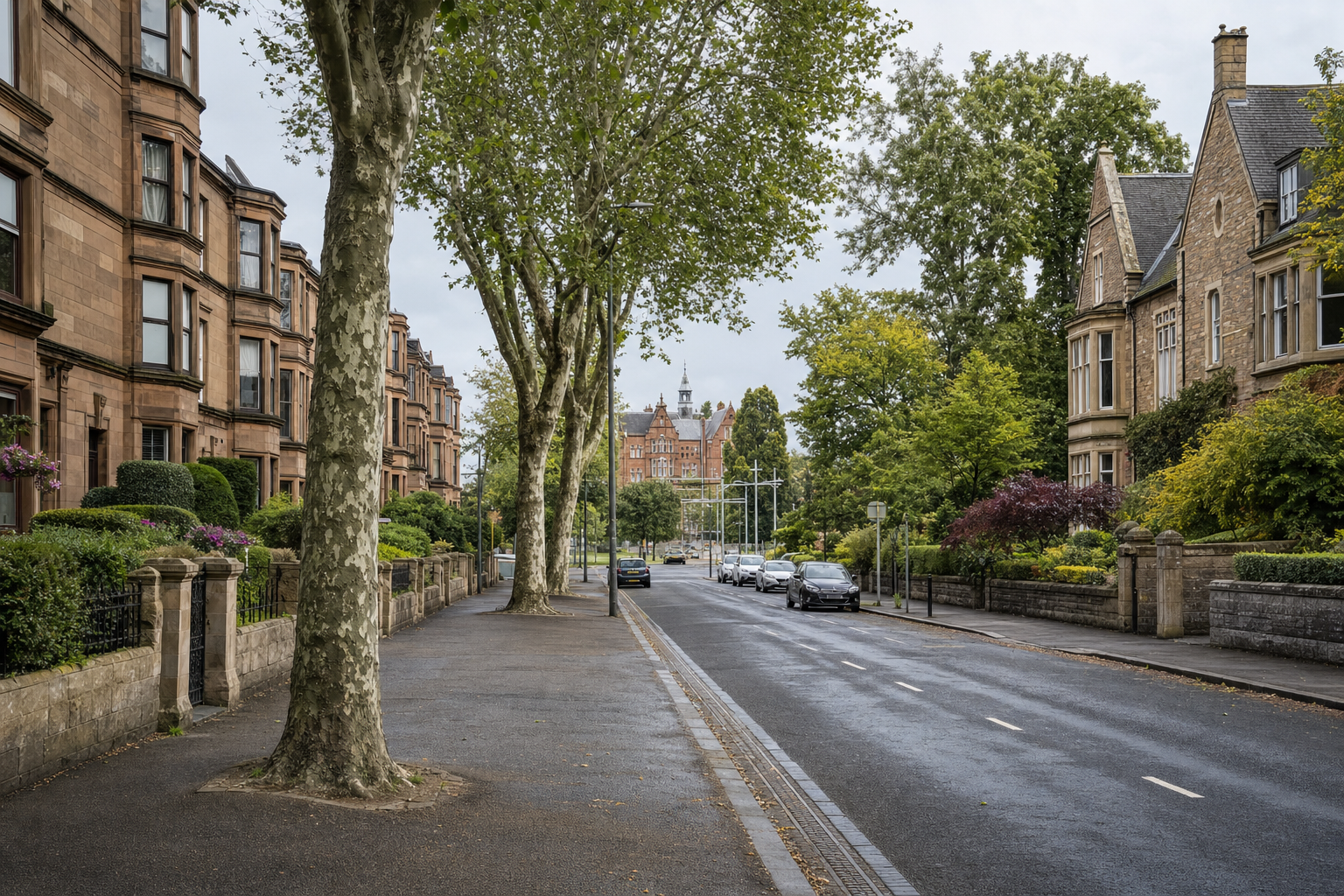 Tree-lined street with parked cars and Victorian buildings, leading to a distant historical building.