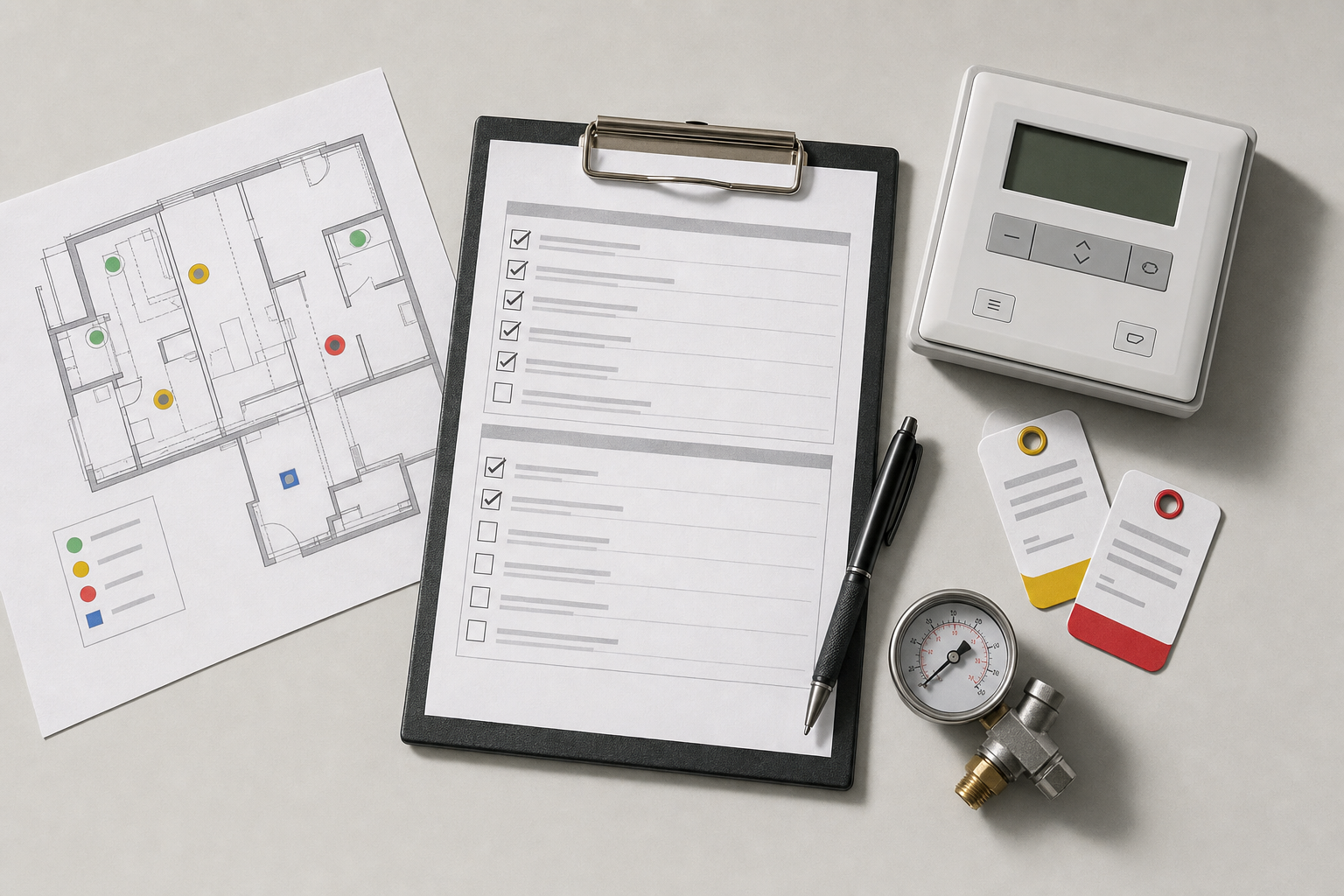 An HVAC checklist, floor plan, control panel, and pressure gauge on a table.