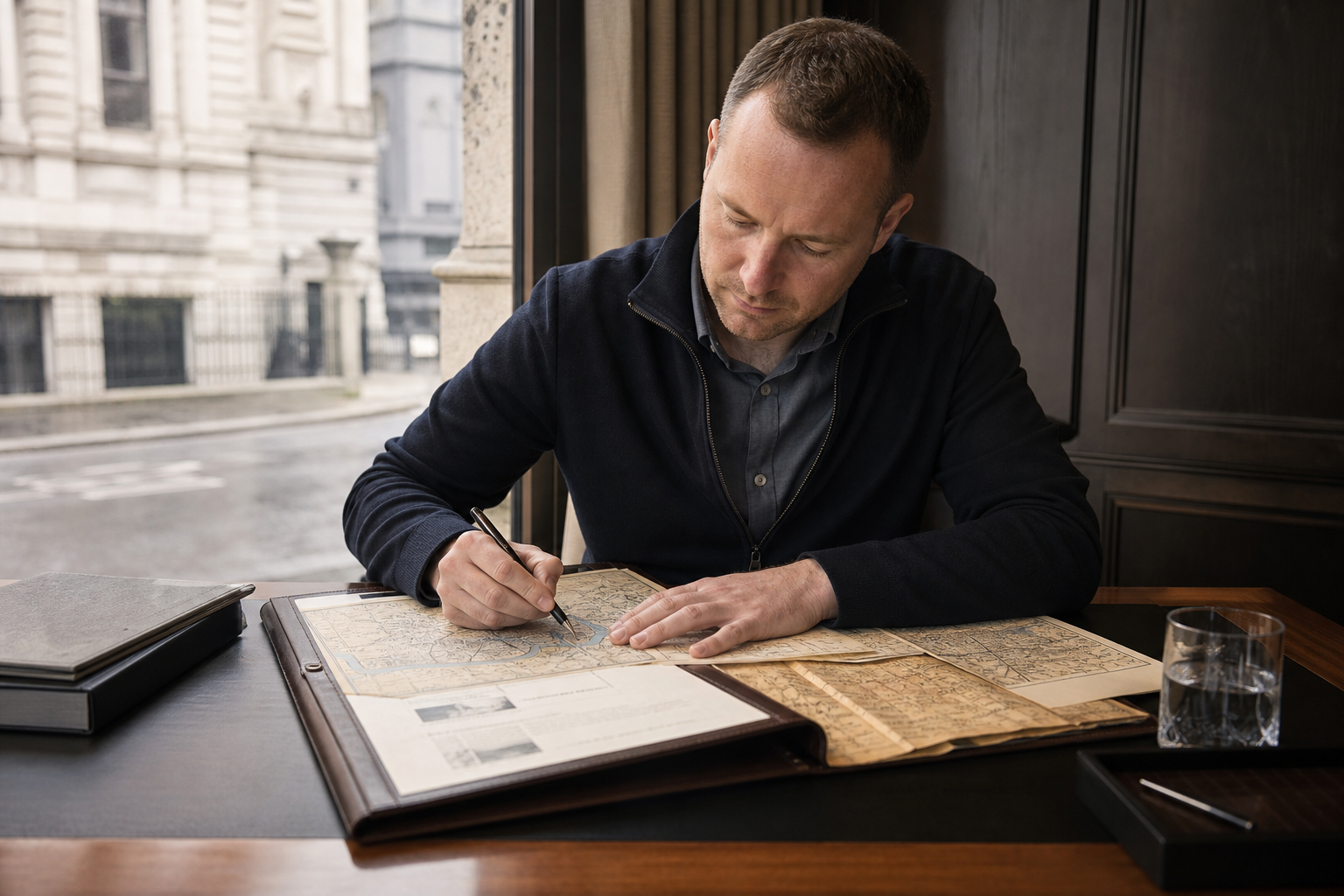 A man focused on studying maps at a desk by a window, with a book and a glass of water nearby.
