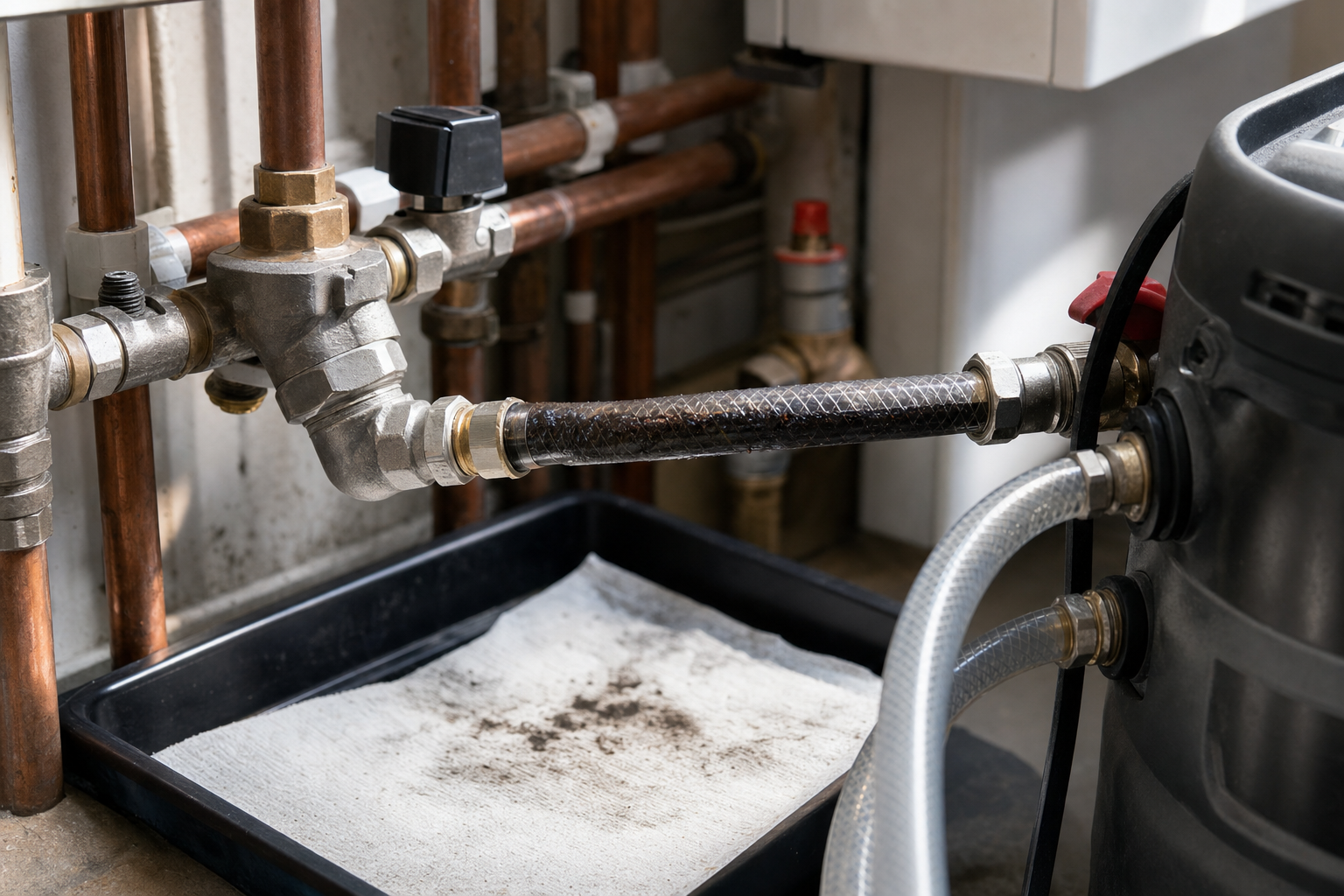 Plumbing connections with a braided hose above a drip tray in a utility room.