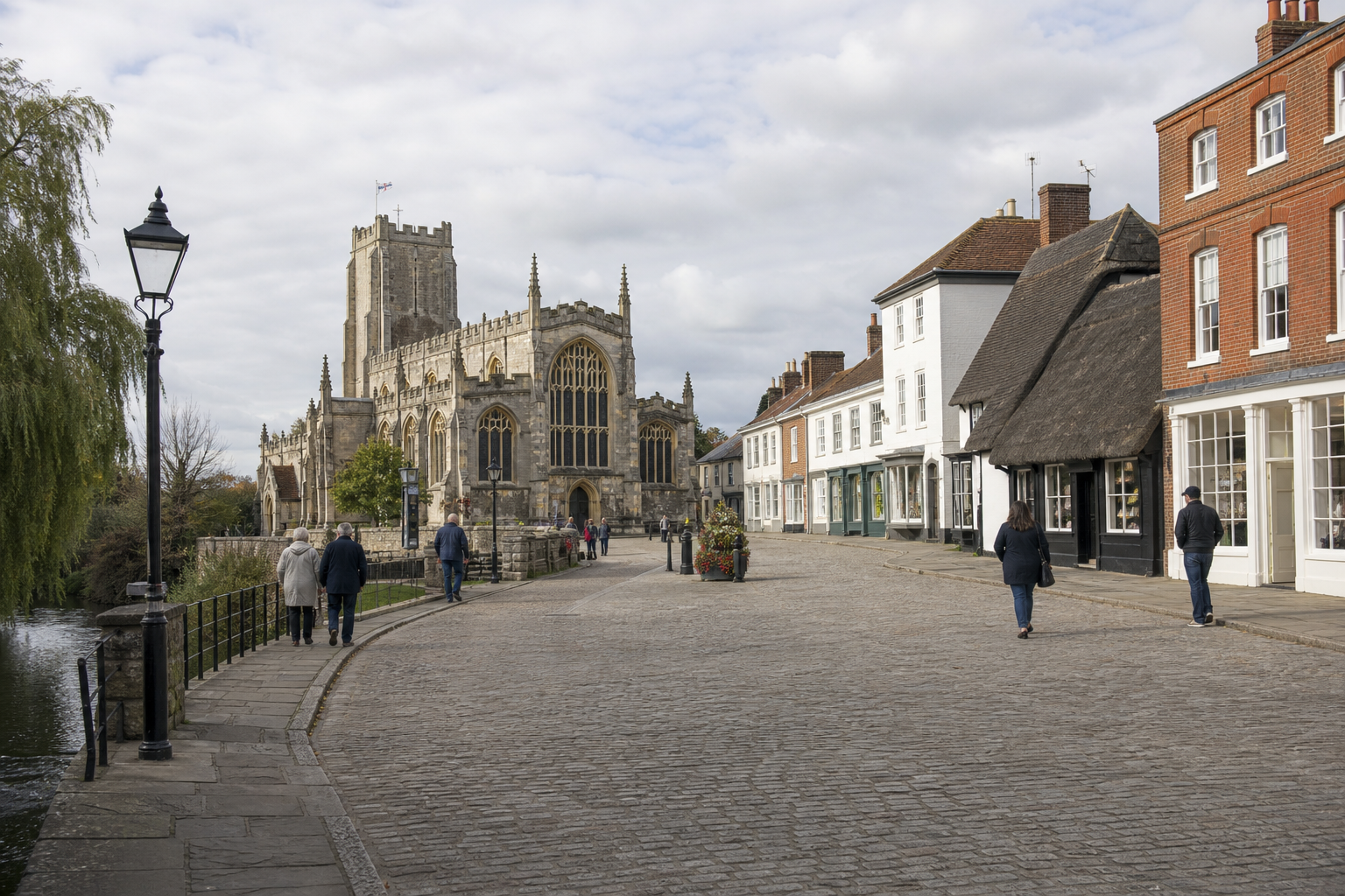 Cobblestone street with people walking near a historic stone building and shops under a cloudy sky.