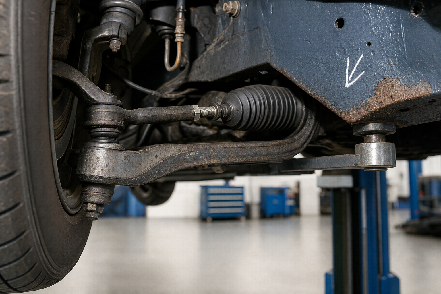 Close-up of a vehicle's suspension and steering components in a garage setting.