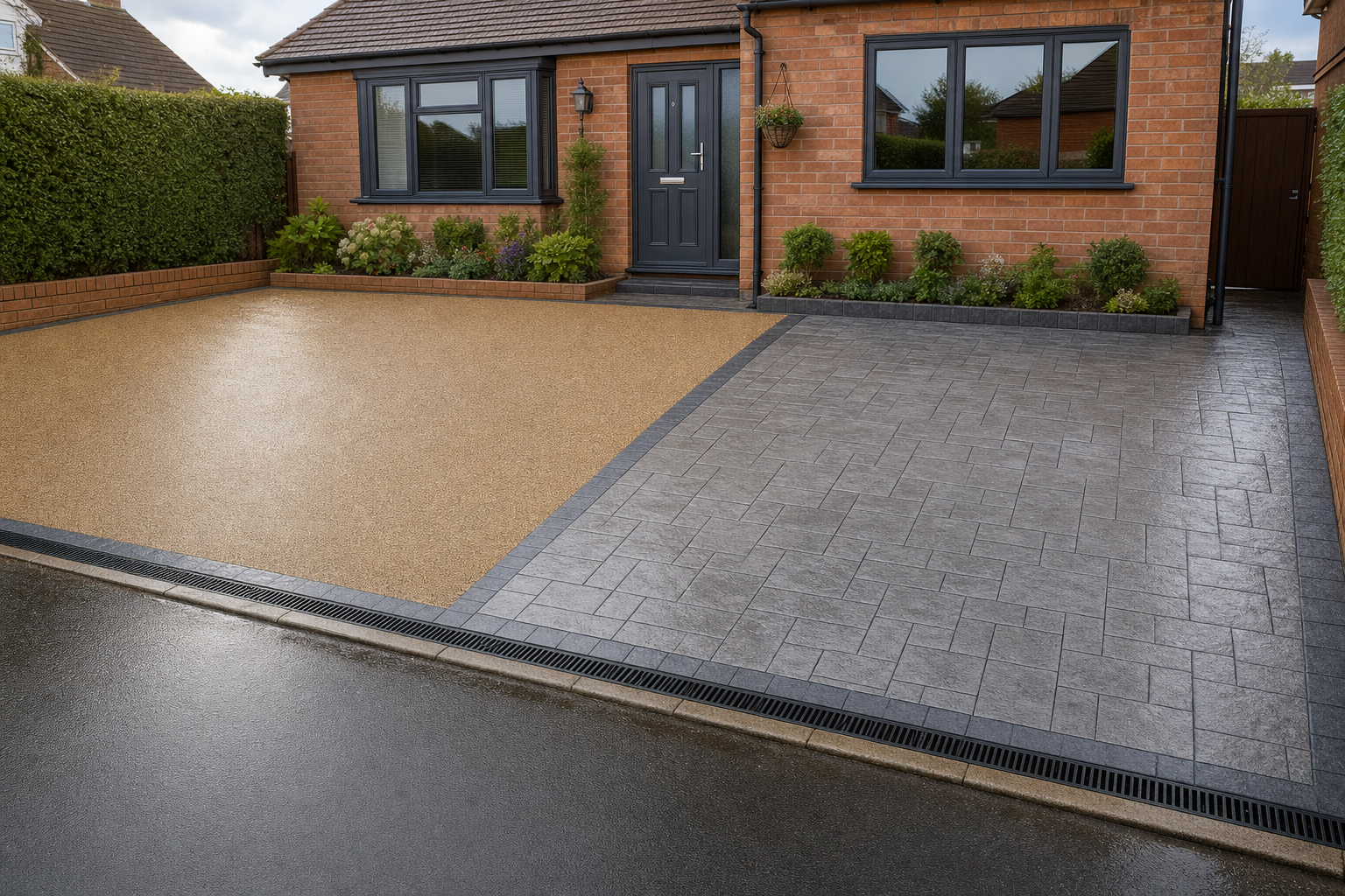 A modern brick house with a dual-colour driveway of resin and grey paving, surrounded by manicured hedges and plants.