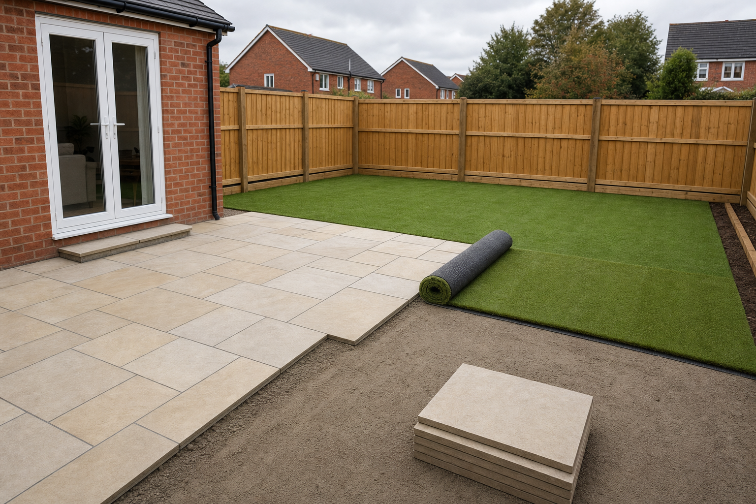 A garden with artificial grass installation in progress next to a tiled patio, bordered by a wooden fence.