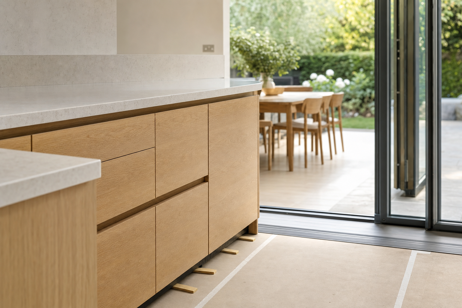 Modern kitchen with light wood cabinets, marble countertops, and a view of an outdoor dining area through open glass doors.
