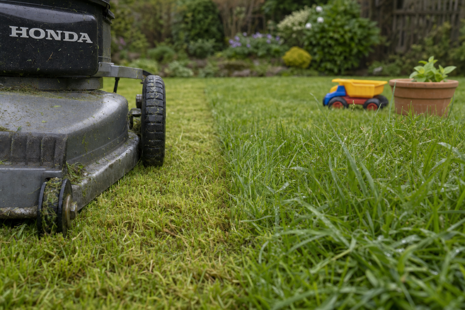 Lawnmower cutting grass with a clear line between the mown and unmown sections, a toy truck and pot plant in the background.
