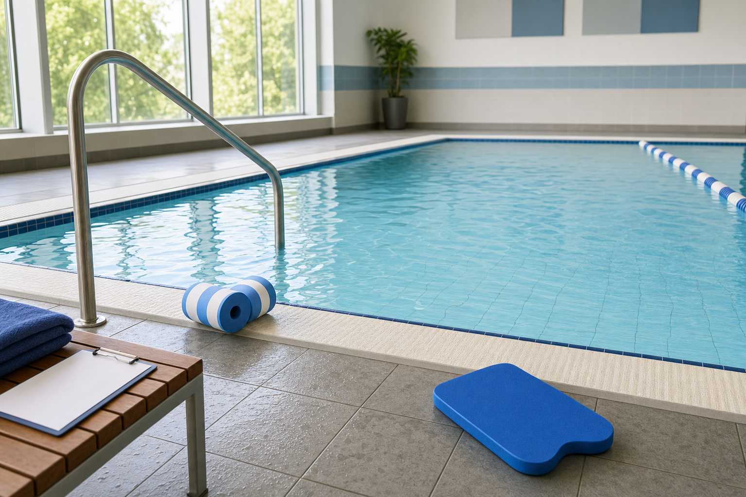 Indoor swimming pool with a handrail, swim float, and kickboard on tiled floor, surrounded by large windows.