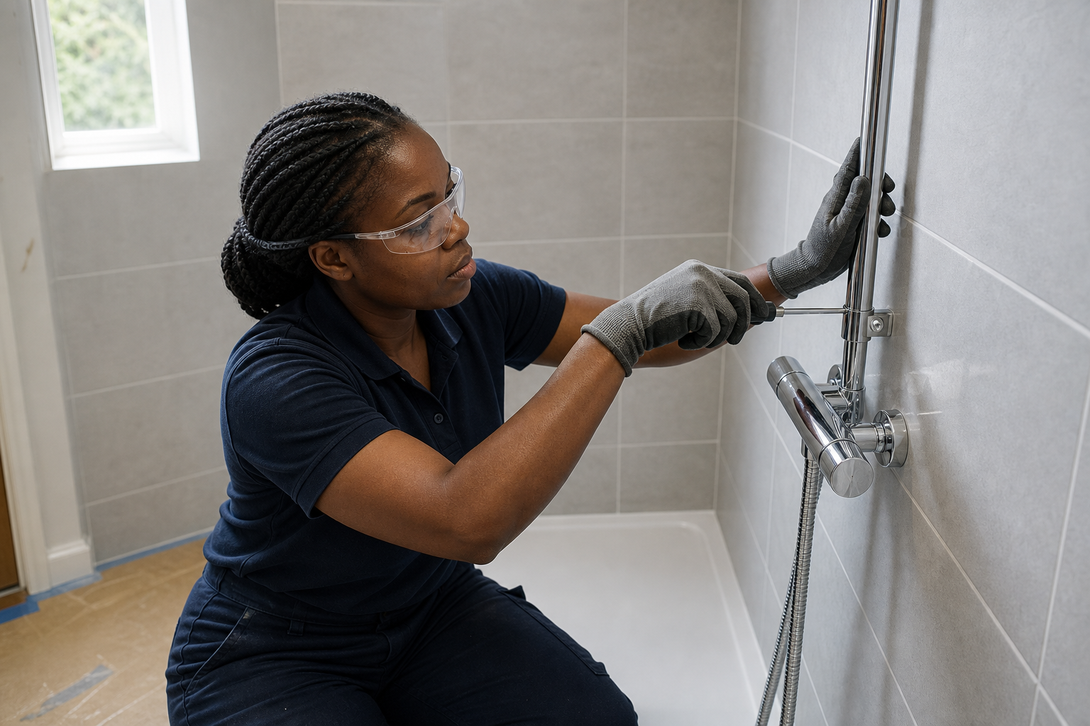 Plumber wearing goggles and gloves using a screwdriver to adjust a shower fitting in a tiled bathroom.