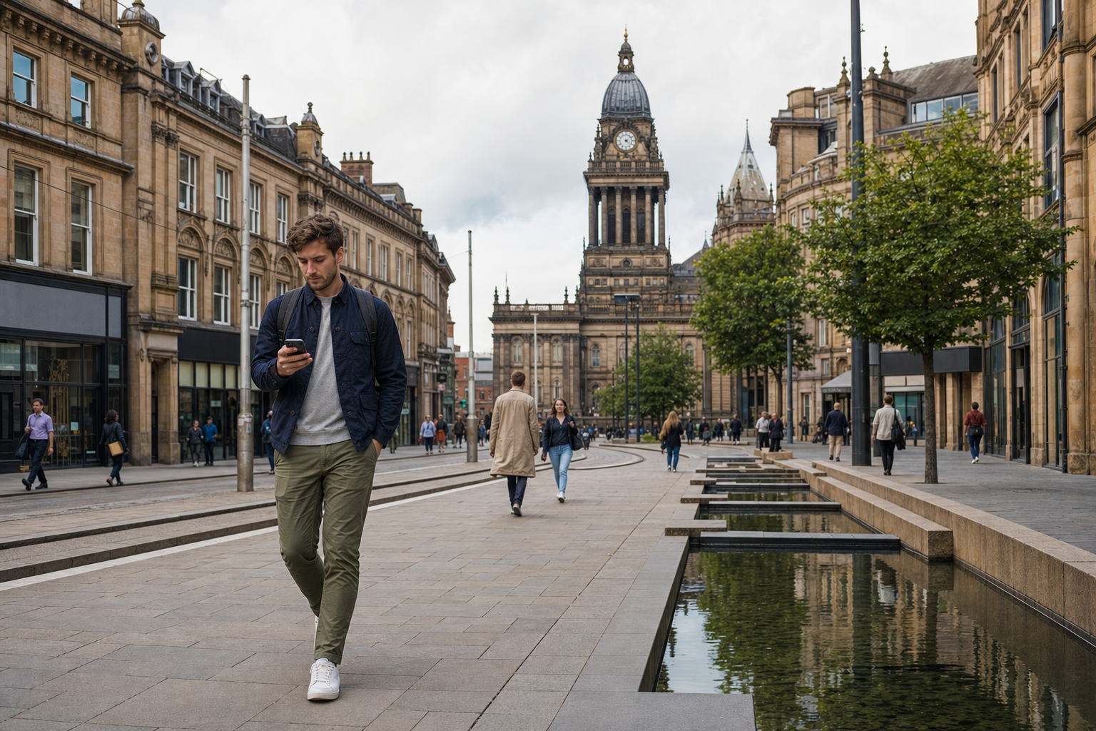 A man walks down a city street checking his phone, with a historic building in the background.