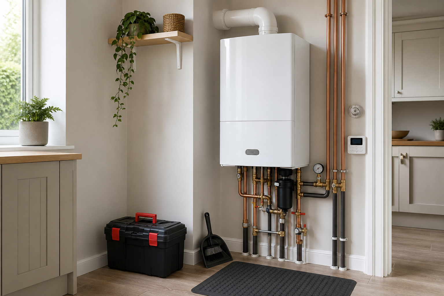 Modern boiler system with exposed pipes, a digital thermostat, and a nearby toolbox in a bright utility room.