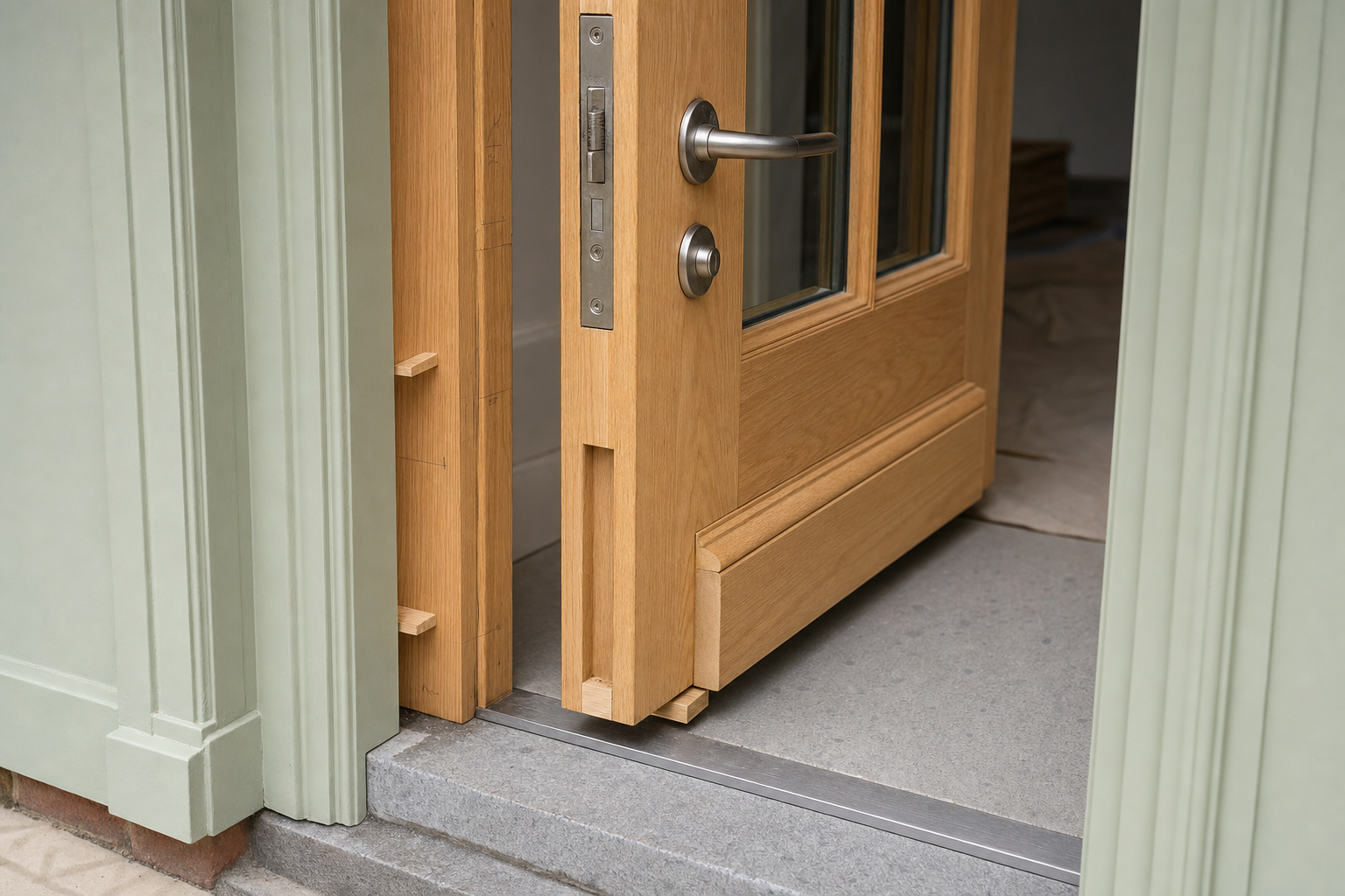 A partially open wooden door with a modern handle in a green frame, leading into a building.