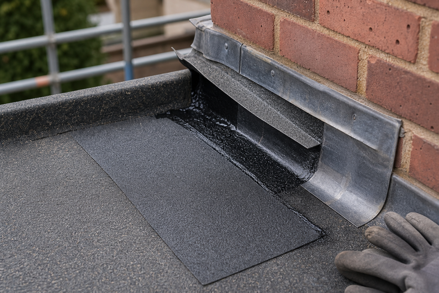 Newly installed lead flashing on a flat roof against a brick wall, with a pair of gloves placed nearby.