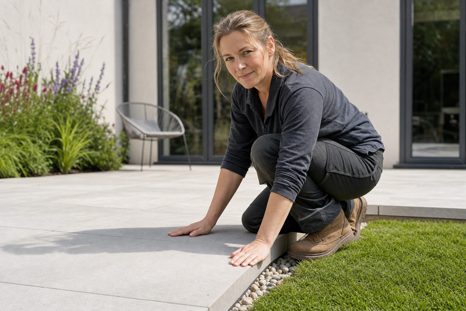 A woman kneels on a tiled patio, examining the surface next to a garden with colourful plants.