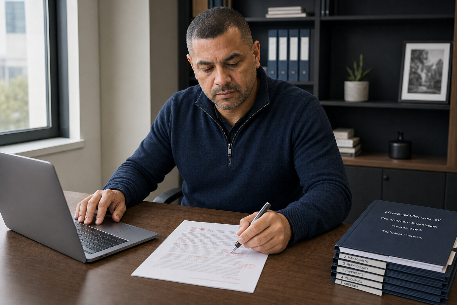 Man in a blue jumper reviewing documents at a desk with stacks of binders and an open laptop nearby.