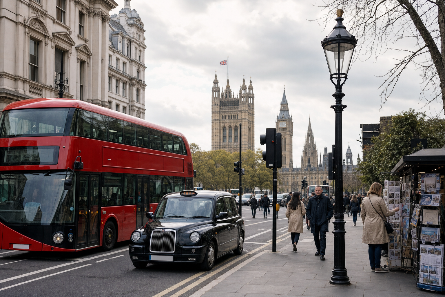 Red double-decker bus and black taxi in London with the Houses of Parliament in the background.
