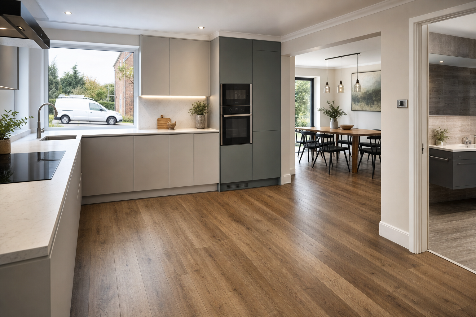 Modern kitchen with light wooden flooring, white cabinets, and a dining area with pendant lights visible in the background.
