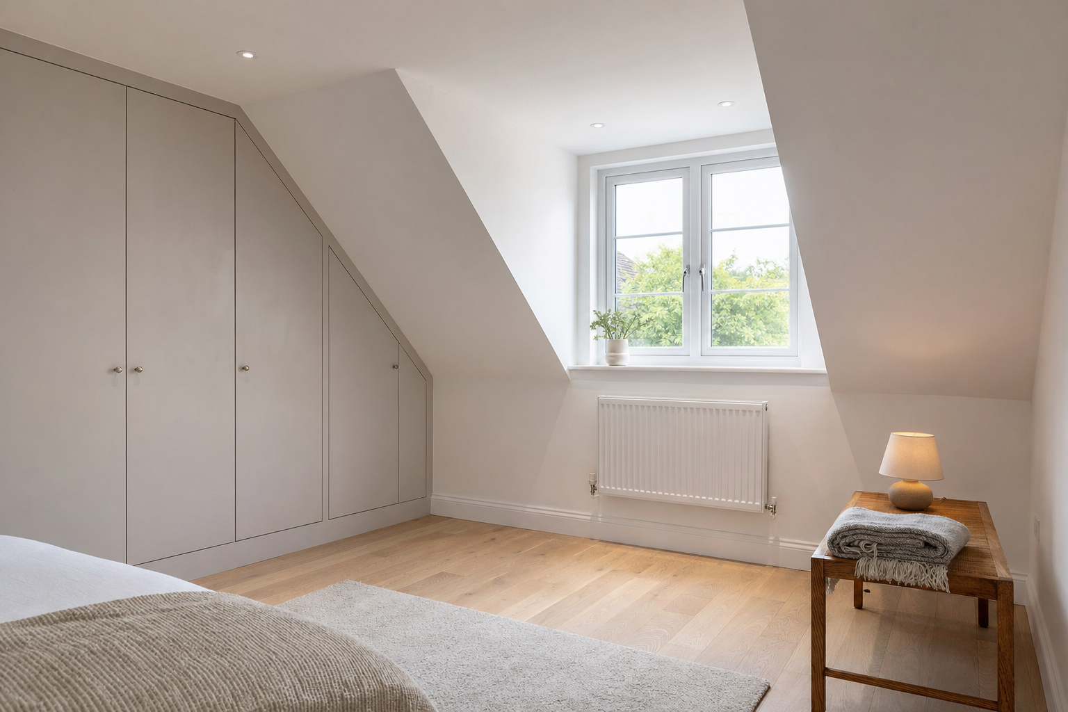 A cosy attic bedroom with built-in wardrobes, a small table with a lamp, and a window overlooking greenery.