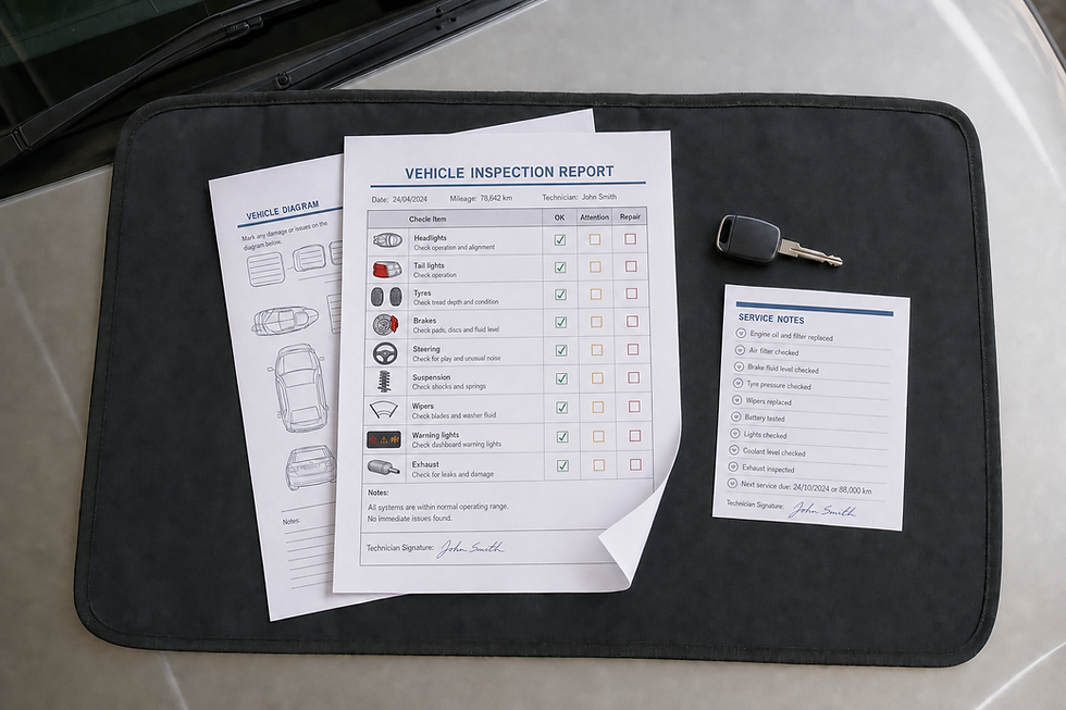 Vehicle inspection report and service notes on a car bonnet next to a key.