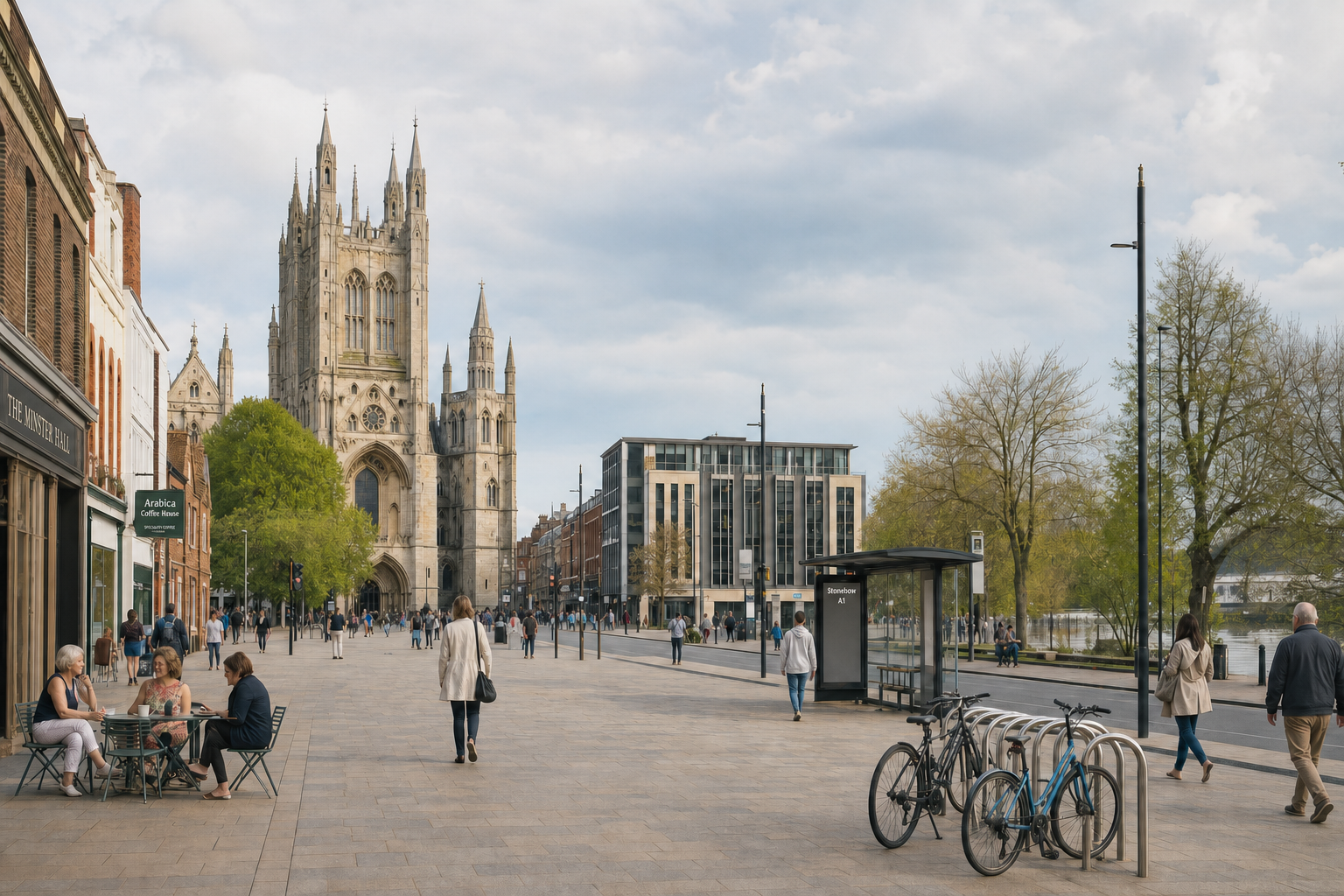 A bustling city square with people walking and cycling, featuring a grand Gothic cathedral as the focal point.