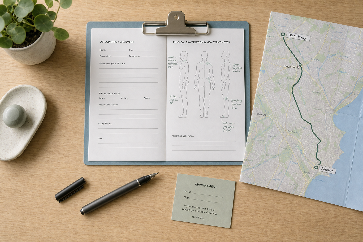 Clipboard with an osteopathic assessment form beside an appointment card, pen, and map on a wooden table.