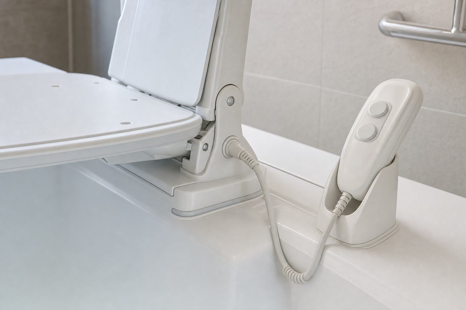 A white bath lift with an attached remote control for assisting with mobility sits inside a bathtub.