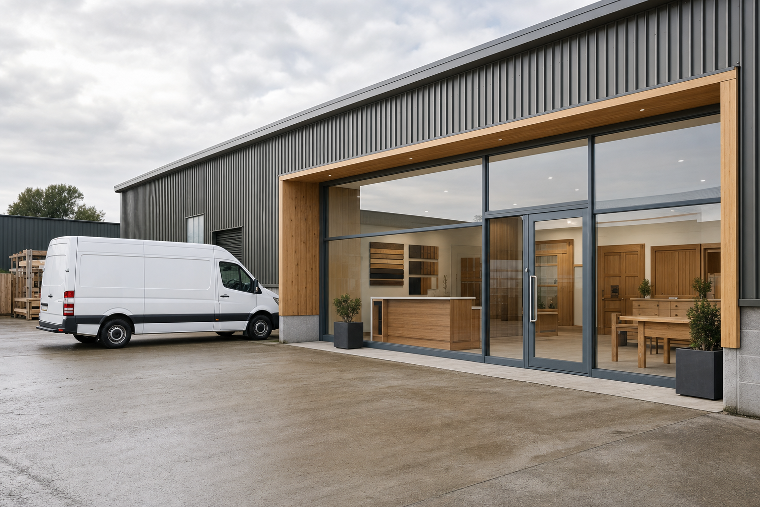 A white delivery van parked outside a modern furniture showroom with large glass windows and wooden accents.